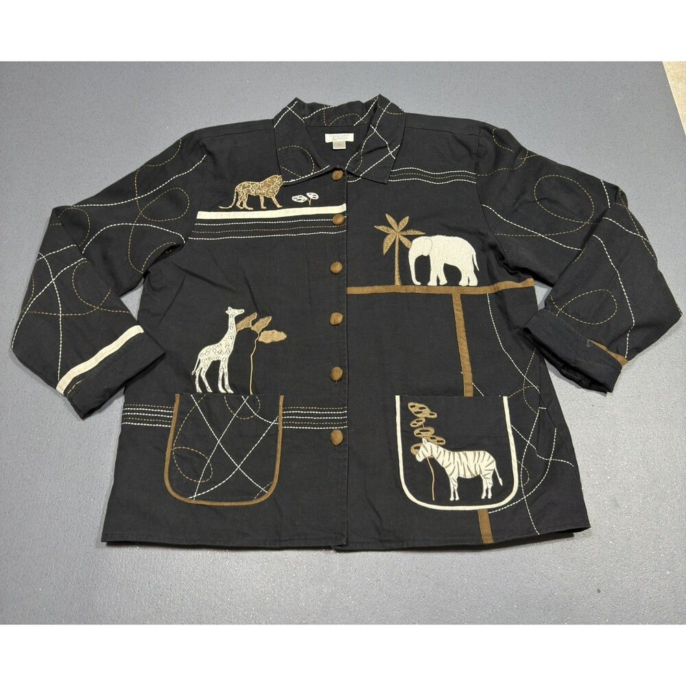 Vintage Christopher Banks Safari Jacket Womens XL Black Embroidered Canvas Art